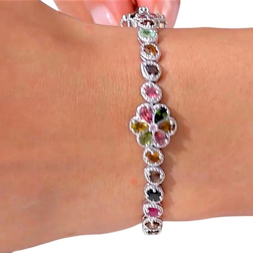Multi-Tourmaline 8.6ctw Floral Sterling Silver Bracelet